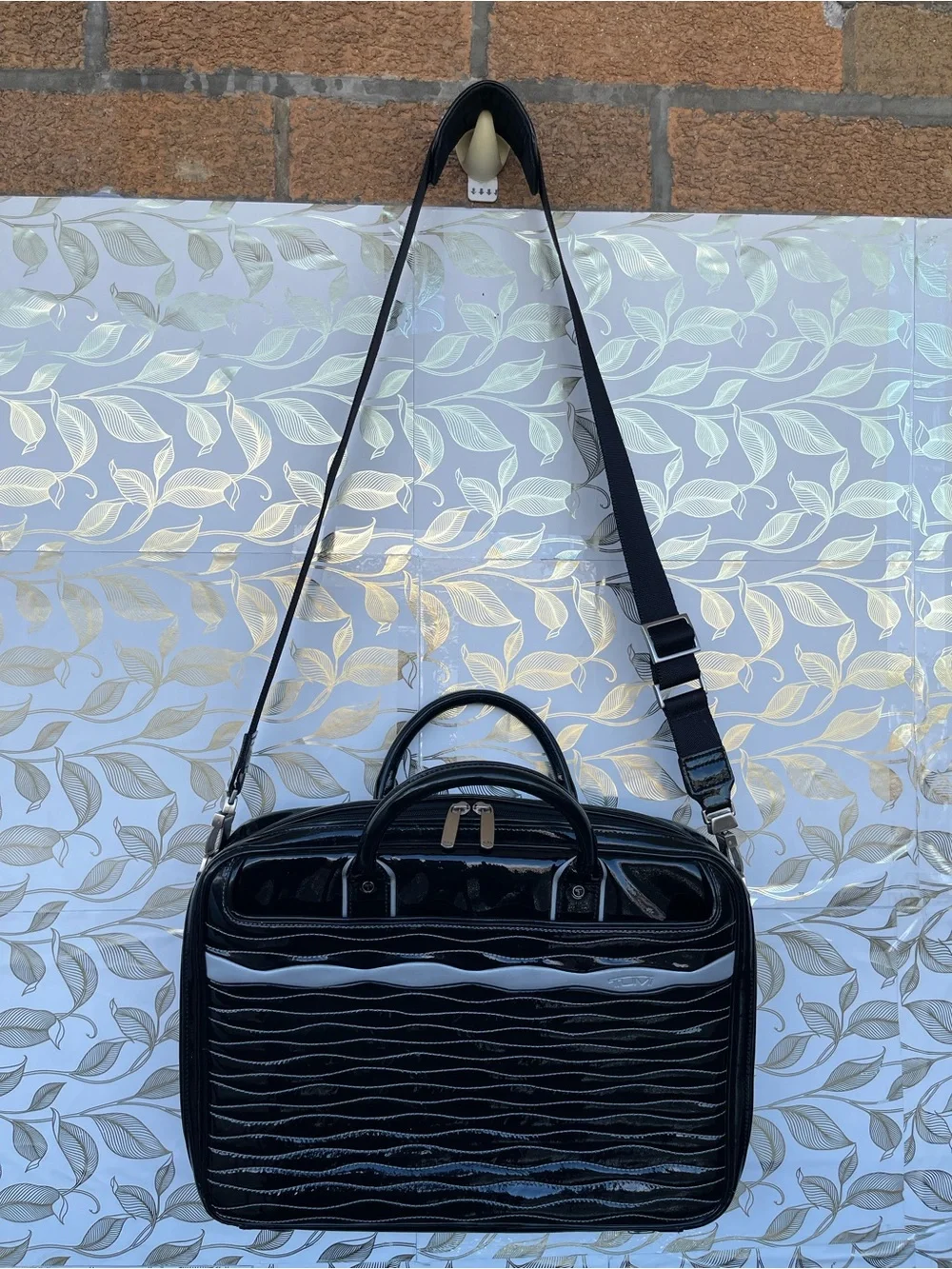 Tumi Black Patent Leather Laptop Briefcase Bag Wave Quilted Retro Whimsigoth Y2K